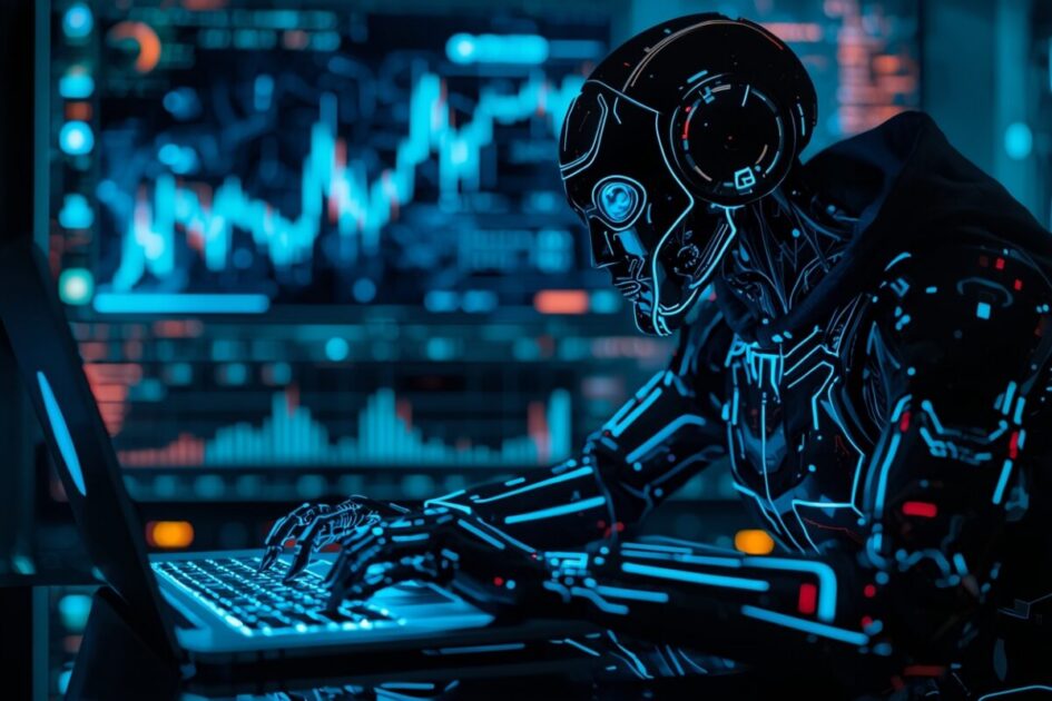 AI robot analyzing crypto news dashboard